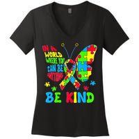 Be Kind Autism Awareness Kindness Puzzle Ribbon Butterfly Women's V-Neck T-Shirt