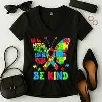 Be Kind Autism Awareness Kindness Puzzle Ribbon Butterfly Women's V-Neck T-Shirt