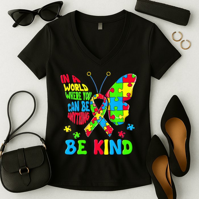 Be Kind Autism Awareness Kindness Puzzle Ribbon Butterfly Women's V-Neck T-Shirt
