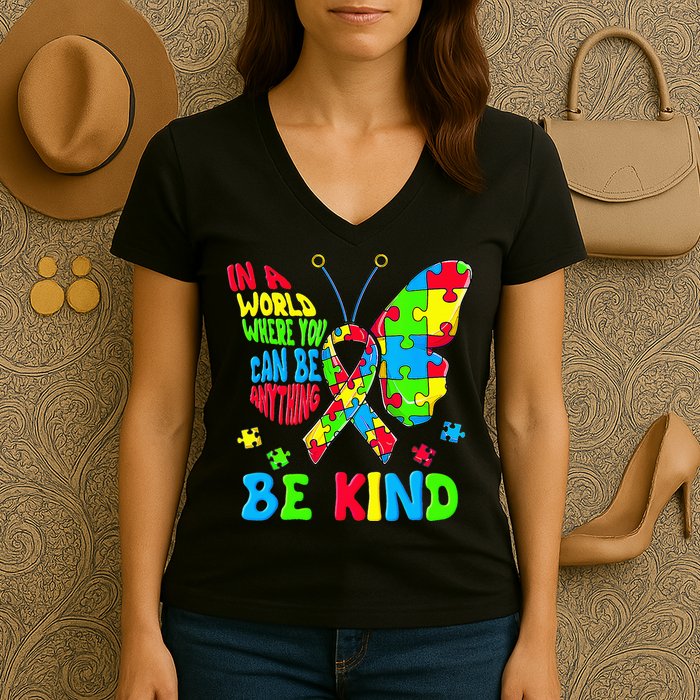 Be Kind Autism Awareness Kindness Puzzle Ribbon Butterfly Women's V-Neck T-Shirt