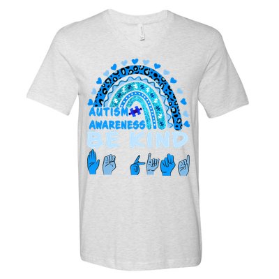 Be Kind Autism Awareness Rainbow Trendy BoHo Rainbow Leopard Print V-Neck T-Shirt
