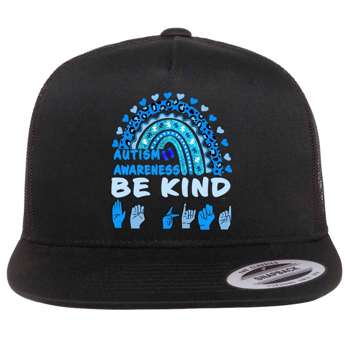 Be Kind Autism Awareness Rainbow Trendy BoHo Rainbow Leopard Print Flat Bill Trucker Hat