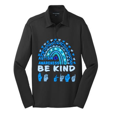 Be Kind Autism Awareness Rainbow Trendy BoHo Rainbow Leopard Print Silk Touch Performance Long Sleeve Polo