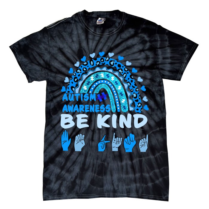 Be Kind Autism Awareness Rainbow Trendy BoHo Rainbow Leopard Print Tie-Dye T-Shirt