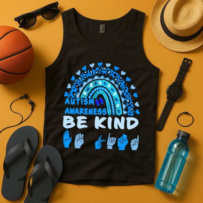 Be Kind Autism Awareness Rainbow Trendy BoHo Rainbow Leopard Print Tank Top