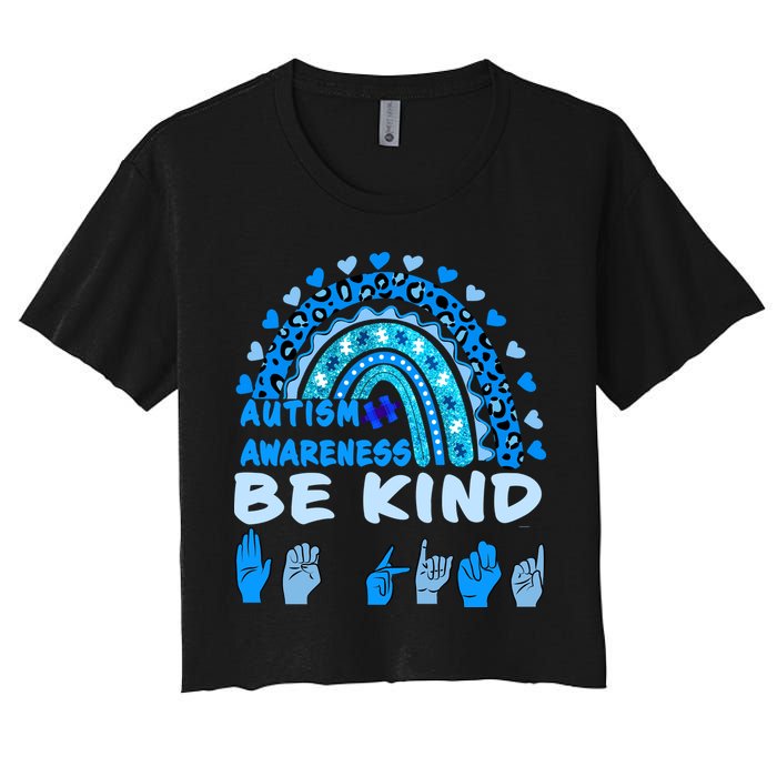 Be Kind Autism Awareness Rainbow Trendy BoHo Rainbow Leopard Print Women's Crop Top Tee
