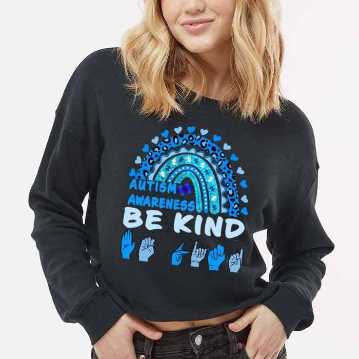 Be Kind Autism Awareness Rainbow Trendy BoHo Rainbow Leopard Print Cropped Pullover Crew