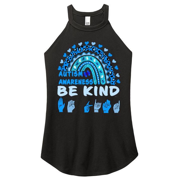 Be Kind Autism Awareness Rainbow Trendy BoHo Rainbow Leopard Print Women's Perfect Tri Rocker Tank
