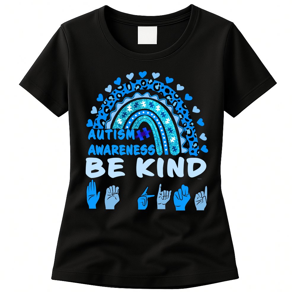 Be Kind Autism Awareness Rainbow Trendy BoHo Rainbow Leopard Print Womens T-Shirt