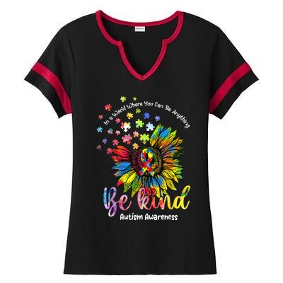 Be Kind Autism Awareness Puzzle Pieces Sunflower Autism Mom Ladies Halftime Notch Neck Tee