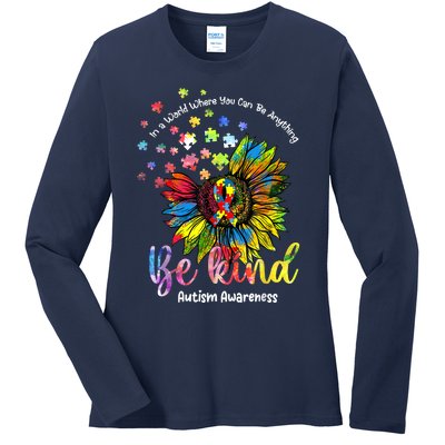 Be Kind Autism Awareness Puzzle Pieces Sunflower Autism Mom Ladies Long Sleeve Shirt