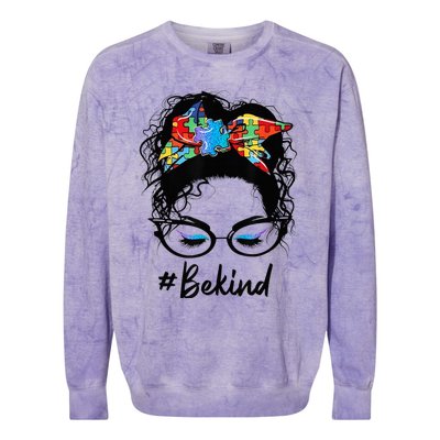 Be Kind Autism Awareness Messy Bun Girl Woman Shirt Colorblast Crewneck Sweatshirt