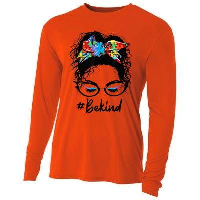 Be Kind Autism Awareness Messy Bun Girl Woman Shirt Cooling Performance Long Sleeve Crew