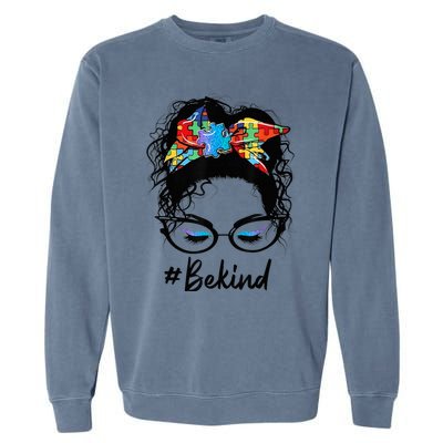 Be Kind Autism Awareness Messy Bun Girl Woman Shirt Garment-Dyed Sweatshirt