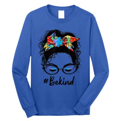 Be Kind Autism Awareness Messy Bun Girl Woman Shirt Long Sleeve Shirt