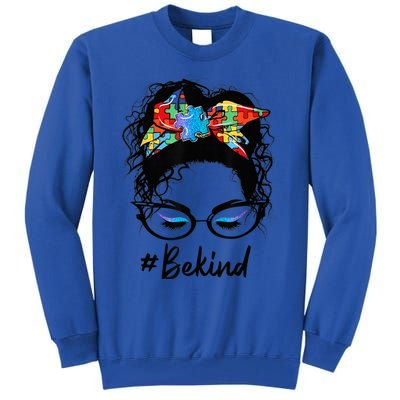 Be Kind Autism Awareness Messy Bun Girl Woman Shirt Tall Sweatshirt