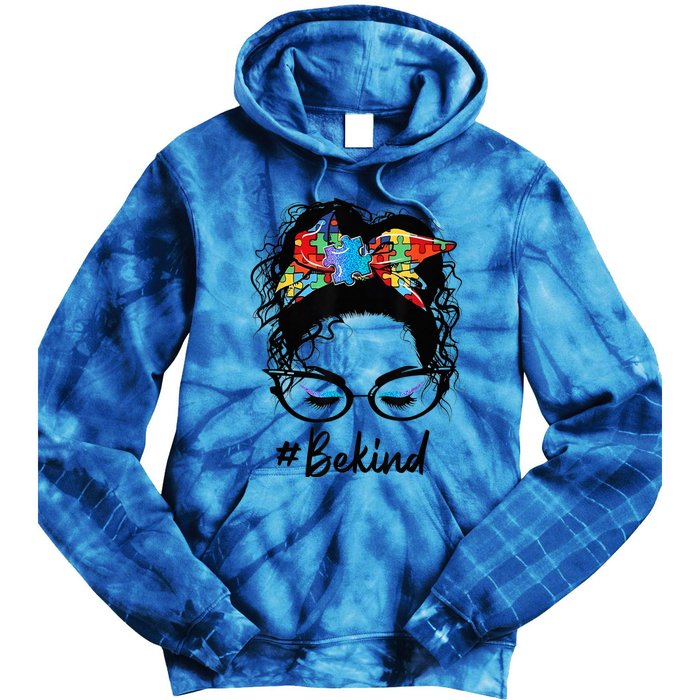 Be Kind Autism Awareness Messy Bun Girl Woman Shirt Tie Dye Hoodie