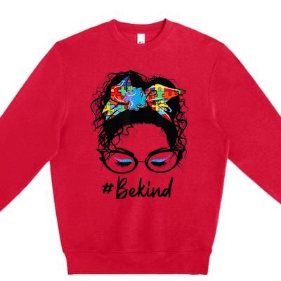 Be Kind Autism Awareness Messy Bun Girl Woman Shirt Premium Crewneck Sweatshirt