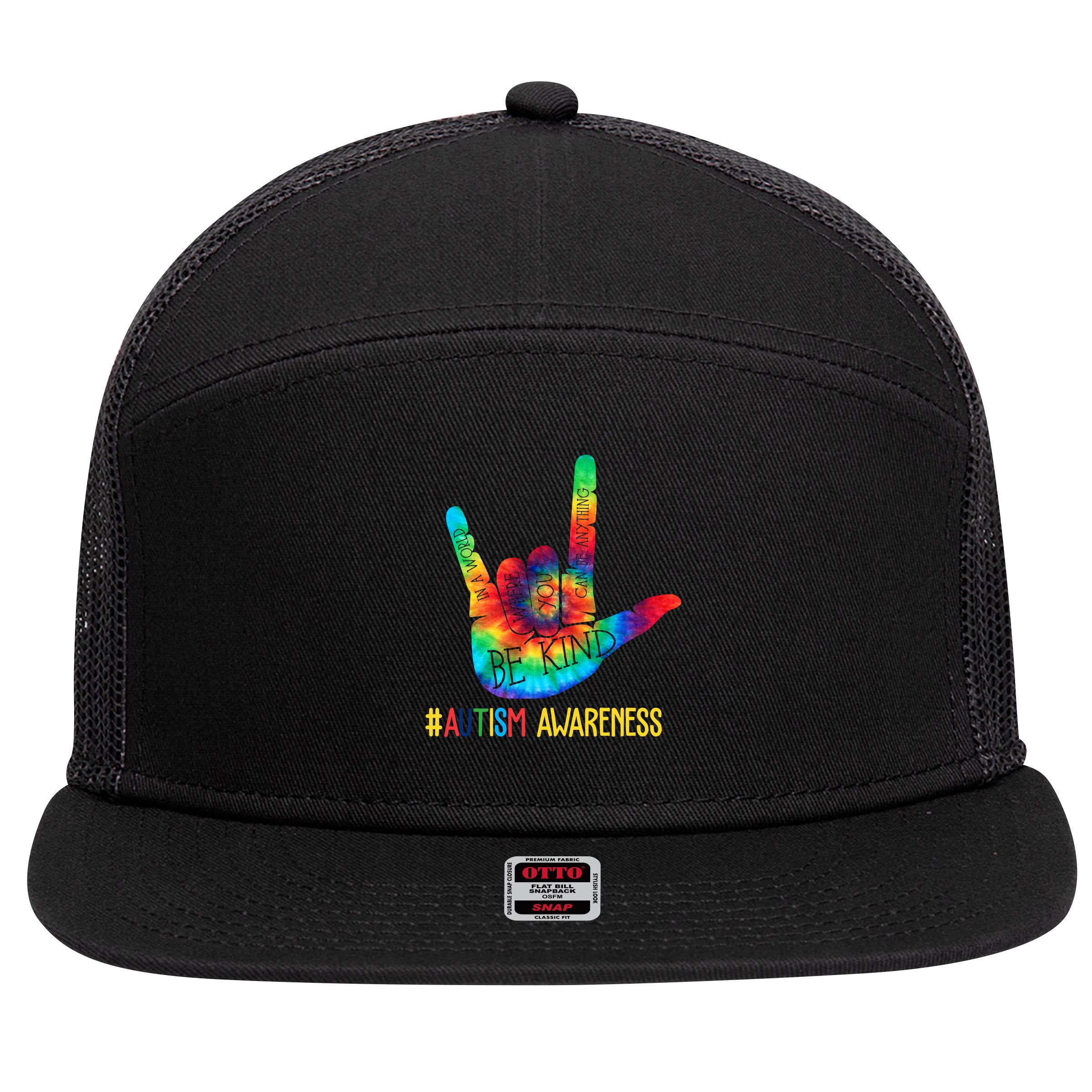 Be Kind ASL Love Sign Language Hand Autism Awareness 7 Panel Mesh Trucker Snapback Hat