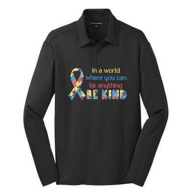 Be Kind Autism Awareness Kindness Puzzle Ribbon Gift Silk Touch Performance Long Sleeve Polo