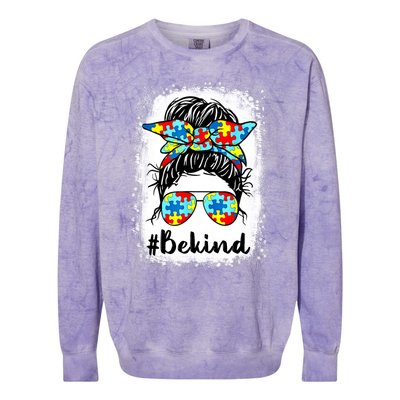 Be Kind Autism Awareness Messy Bun Mom Teacher Gift Colorblast Crewneck Sweatshirt