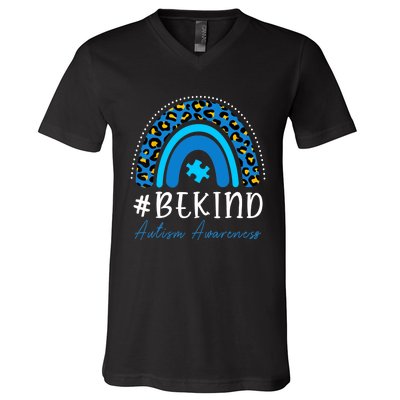 Be Kind Autism Awareness Girls Leopard Rainbow Print V-Neck T-Shirt