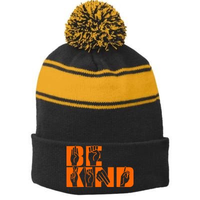 Be Kind ASL Hand Sign Language Stripe Pom Pom Beanie