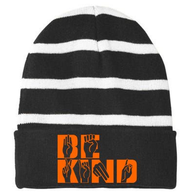 Be Kind ASL Hand Sign Language Striped Beanie with Solid Band