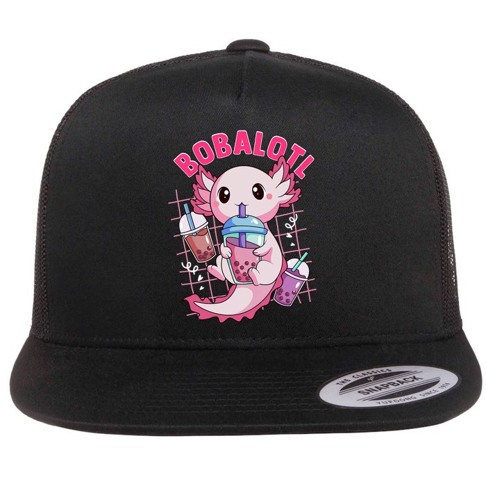 Bobalotl Kawaii Axolotl Drinking Boba Tea Pet Axolotl Lover  Flat Bill Trucker Hat