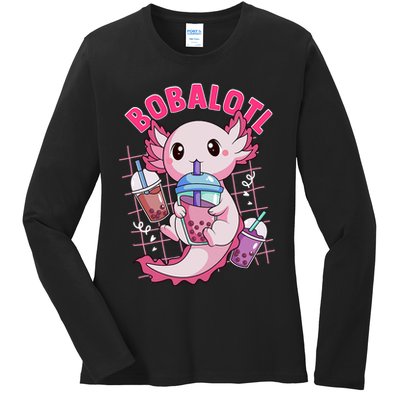 Bobalotl Kawaii Axolotl Drinking Boba Tea Pet Axolotl Lover  Ladies Long Sleeve Shirt