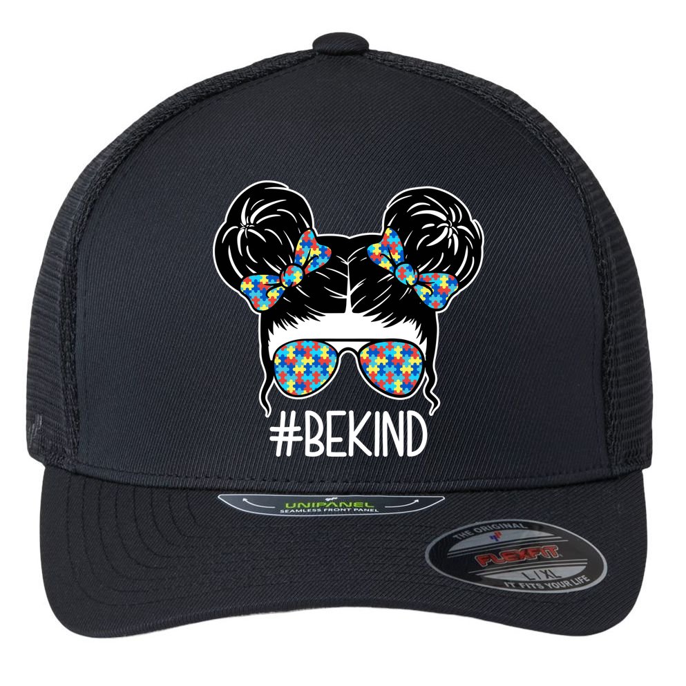 Be Kind Autism Awareness Female Bun Flexfit Unipanel Trucker Cap