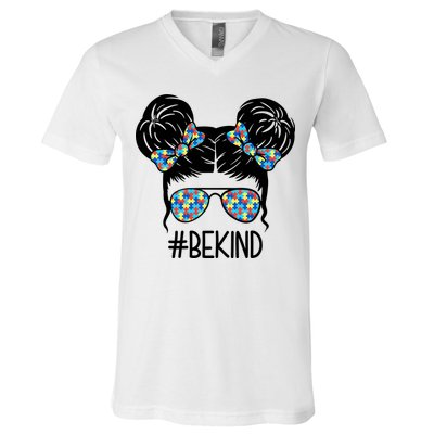 Be Kind Autism Awareness Female Bun V-Neck T-Shirt