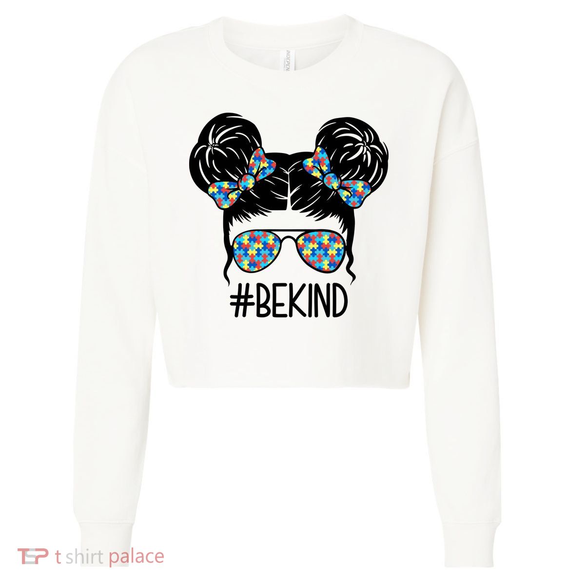 Be Kind Autism Awareness Female Bun Cropped Pullover Crew