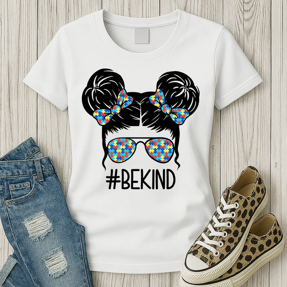 Be Kind Autism Awareness Female Bun Womens T-Shirt