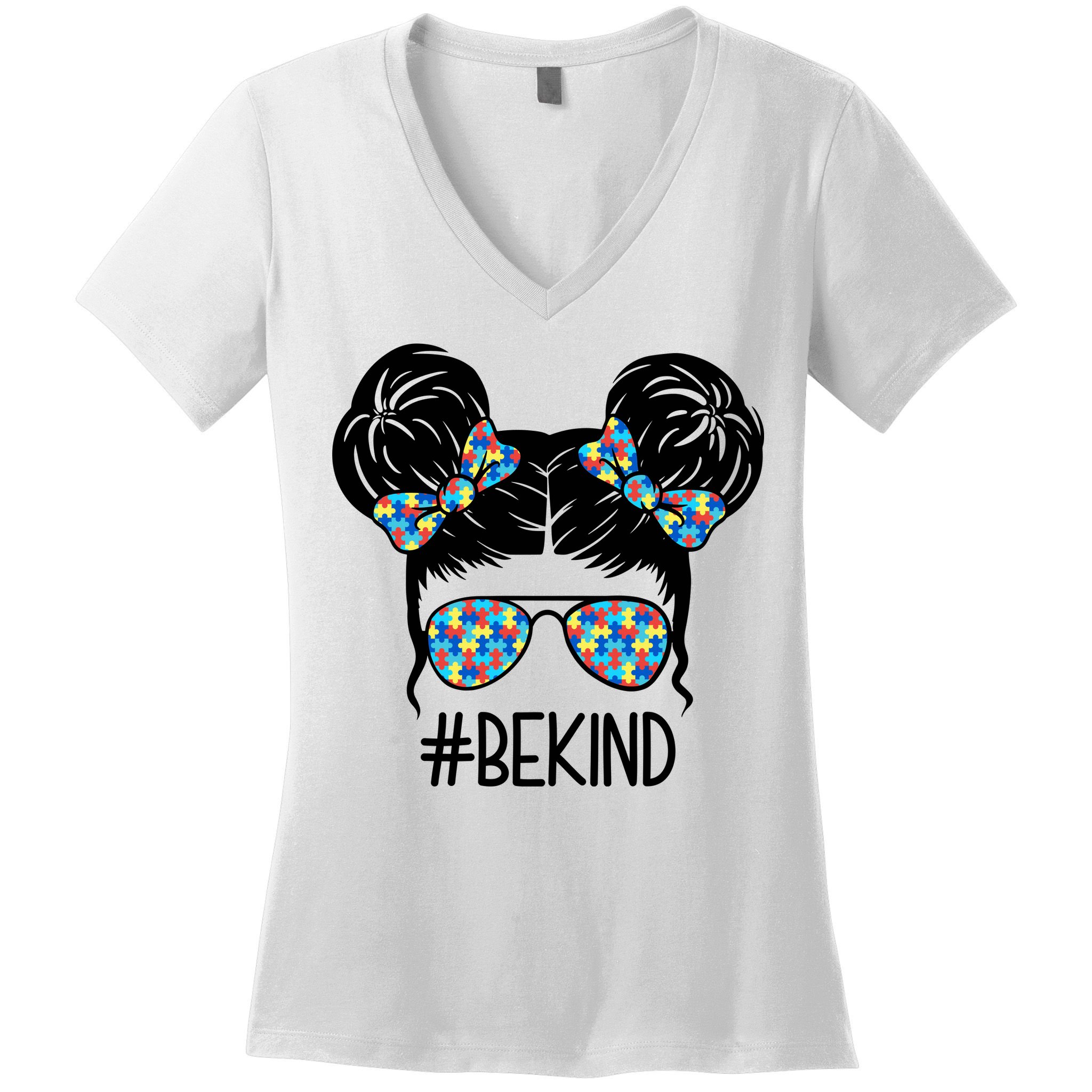 Be Kind Autism Awareness Female Bun Women's V-Neck T-Shirt