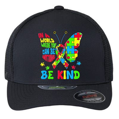 Be Kind Autism Awareness Puzzle Ribbon Butterfly Flexfit Unipanel Trucker Cap