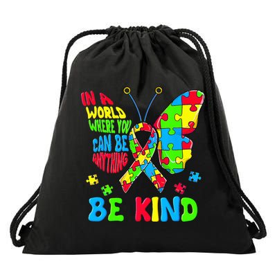 Be Kind Autism Awareness Puzzle Ribbon Butterfly Drawstring Bag