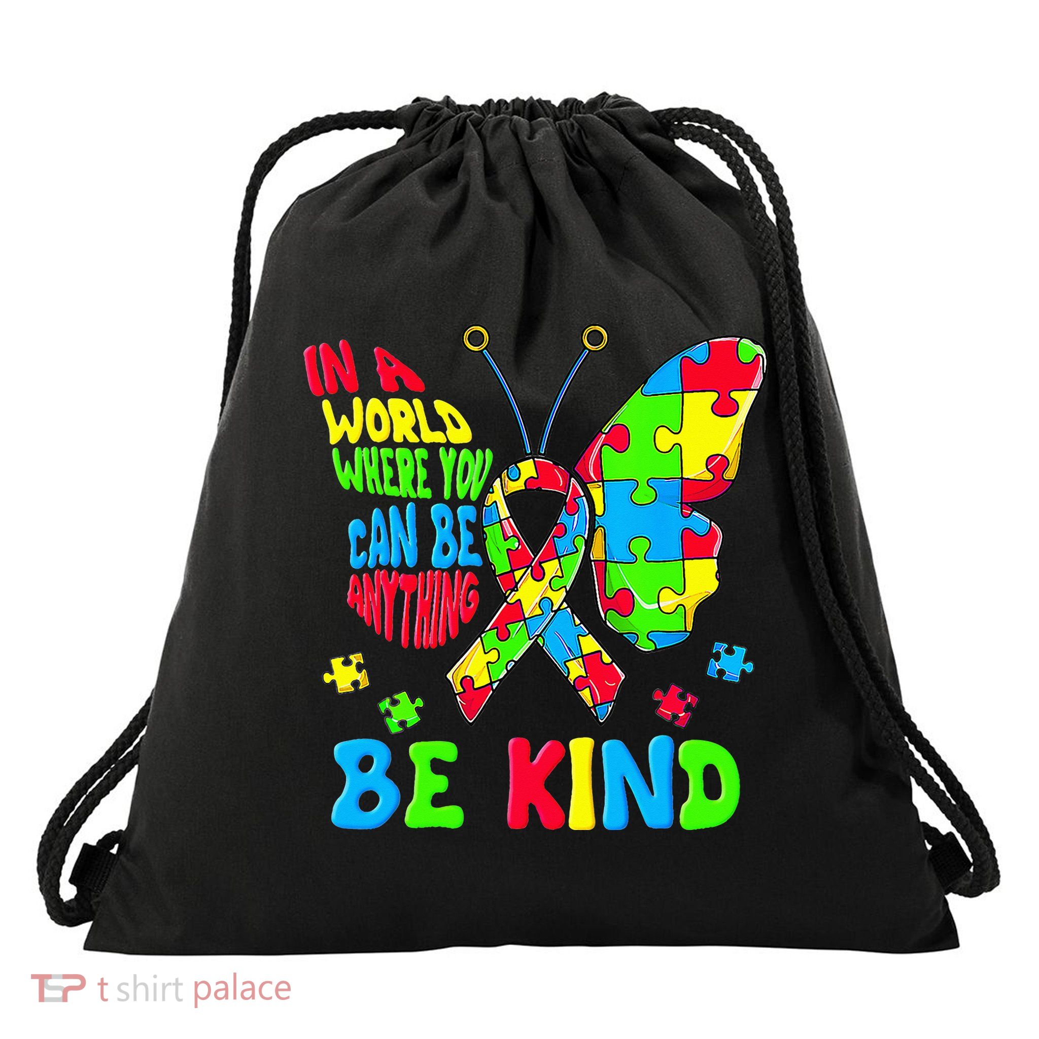 Be Kind Autism Awareness Puzzle Ribbon Butterfly Drawstring Bag