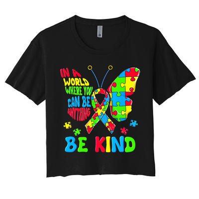 Be Kind Autism Awareness Puzzle Ribbon Butterfly Crop Top
