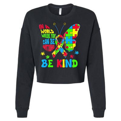 Be Kind Autism Awareness Puzzle Ribbon Butterfly Cropped Pullover Crew