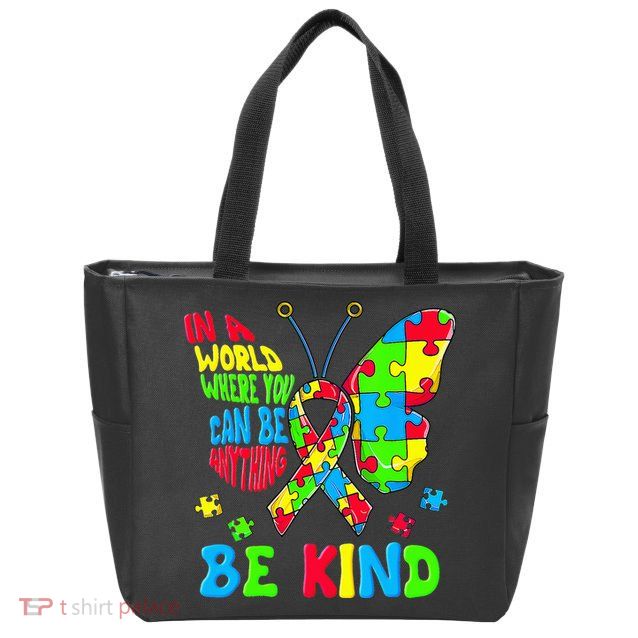 Be Kind Autism Awareness Puzzle Ribbon Butterfly Zip Tote Bag