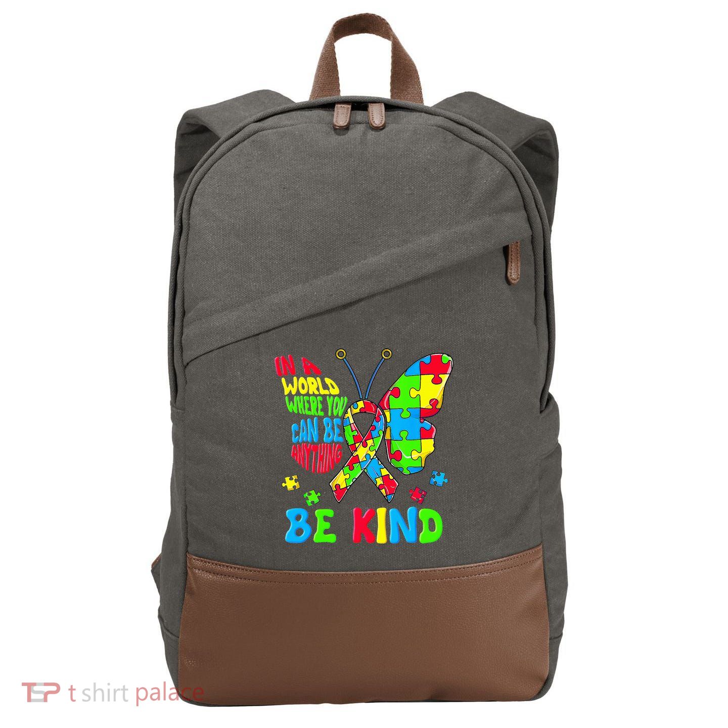 Be Kind Autism Awareness Puzzle Ribbon Butterfly Cotton Canvas Backpack