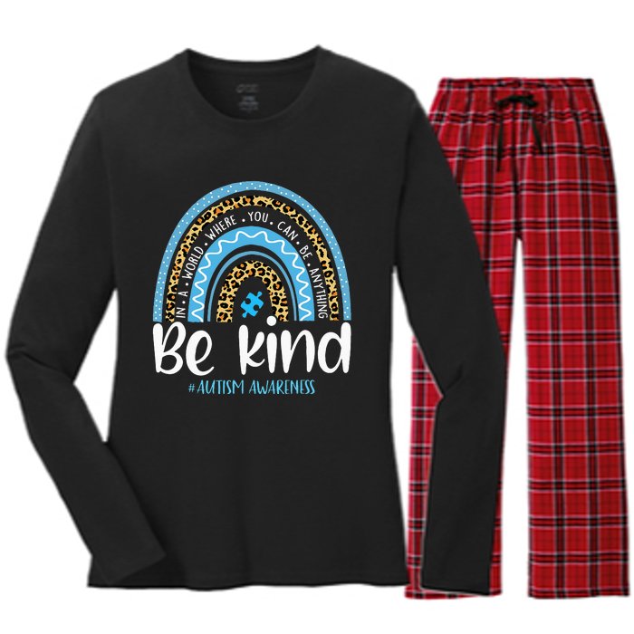 Be Kind Autism Awareness Leopard Rainbow Choose Kindness Women's Long Sleeve Flannel Pajama Set 