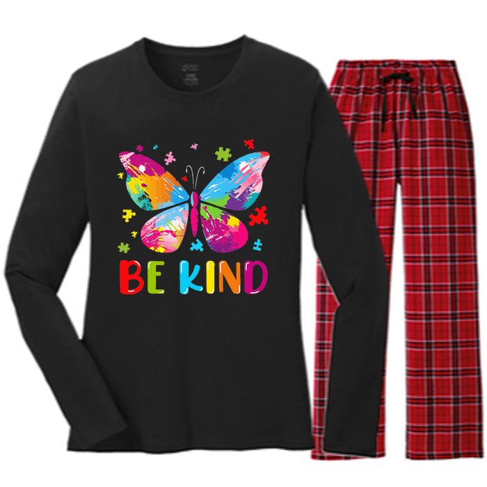 Be Kind Autism Infinity Butterfly Awareness Women's Long Sleeve Flannel Pajama Set 