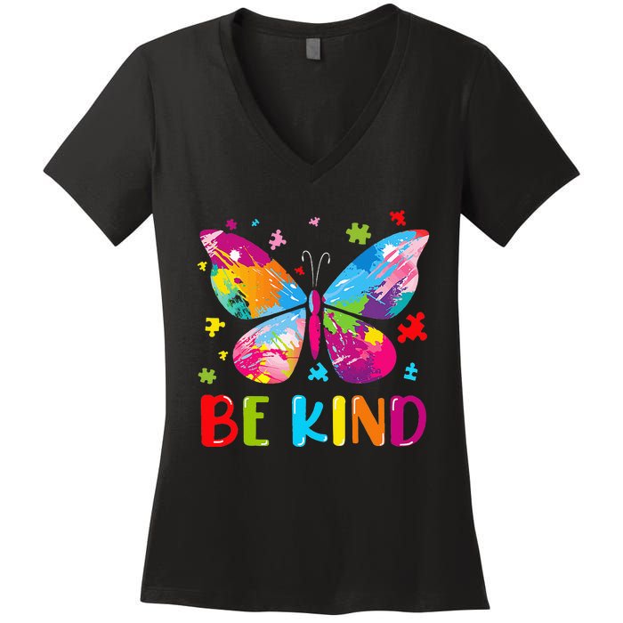 Be Kind Autism Infinity Butterfly Awareness Women's V-Neck T-Shirt