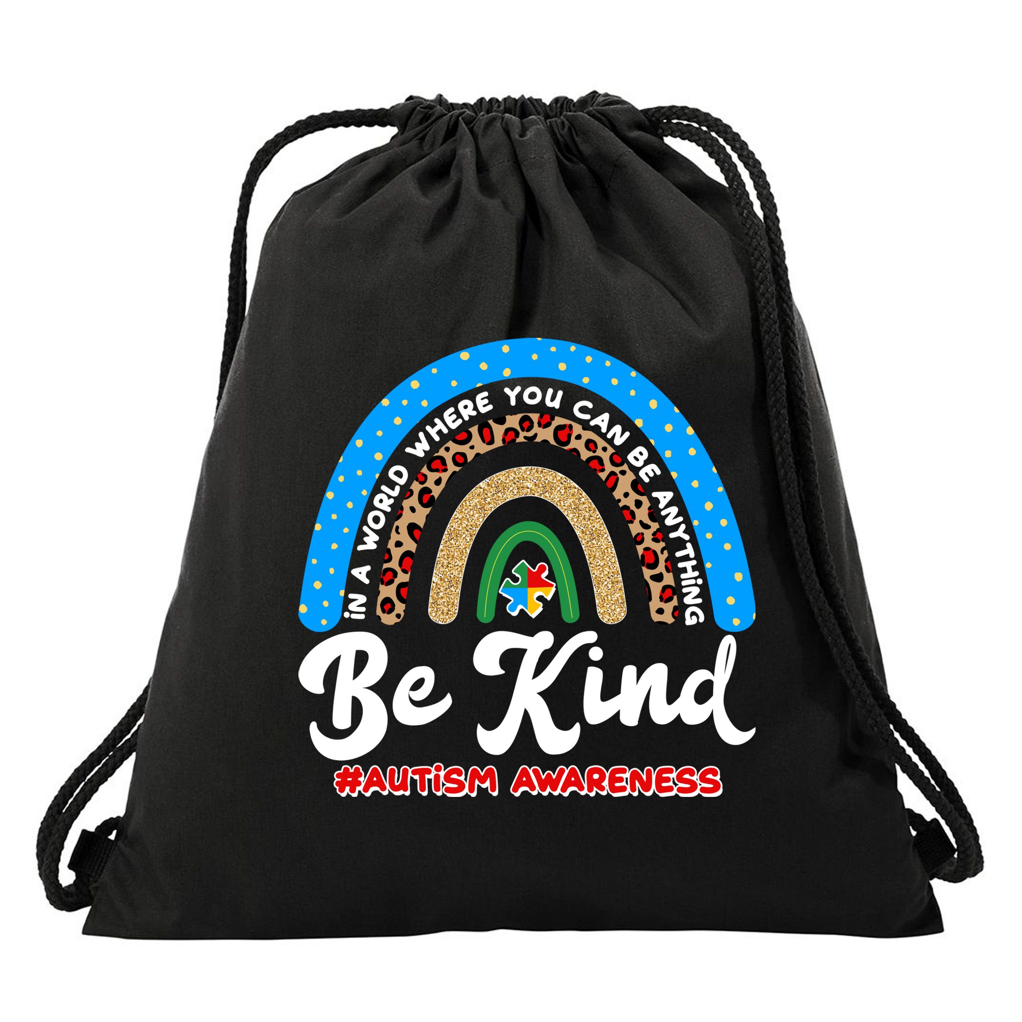 Be Kind Autism Awareness Pattern Rainbow Drawstring Bag