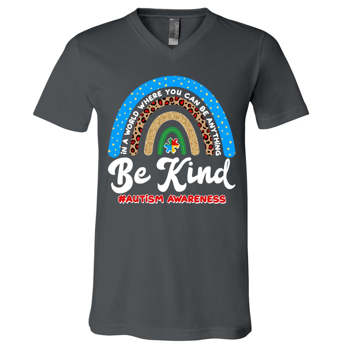 Be Kind Autism Awareness Pattern Rainbow V-Neck T-Shirt