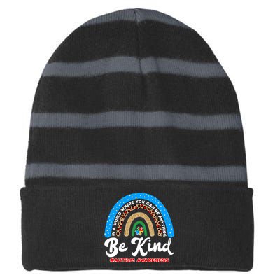 Be Kind Autism Awareness Pattern Rainbow Striped Beanie with Solid Band