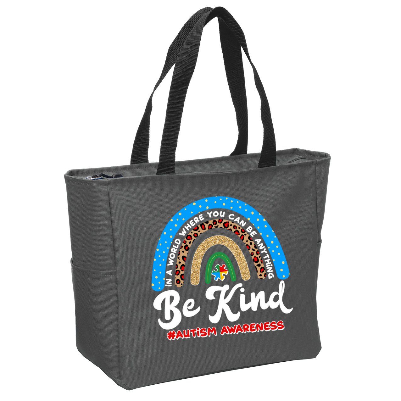 Be Kind Autism Awareness Pattern Rainbow Zip Tote Bag
