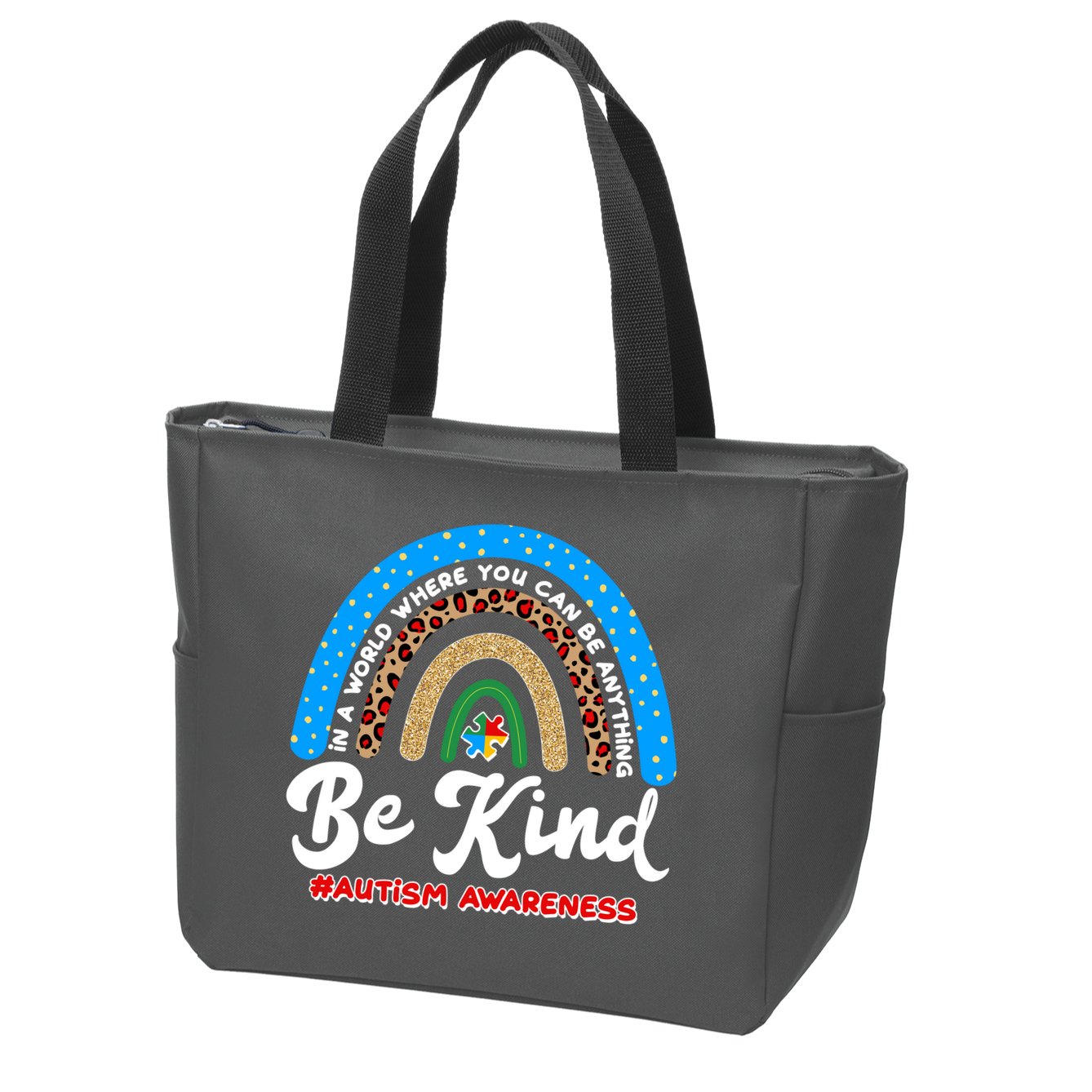 Be Kind Autism Awareness Pattern Rainbow Zip Tote Bag